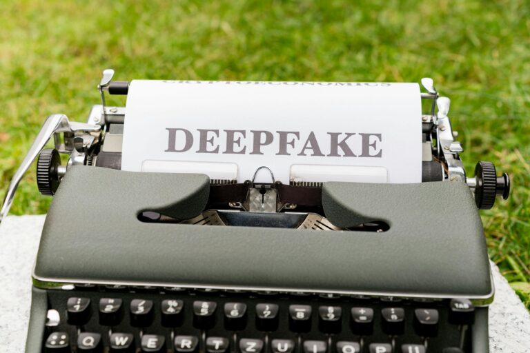 Photo machine à écrire sur l'herbe verte coupé avec une feuille blanche écrit "deepfake" pour l'article sur l'IA #SBM #IA